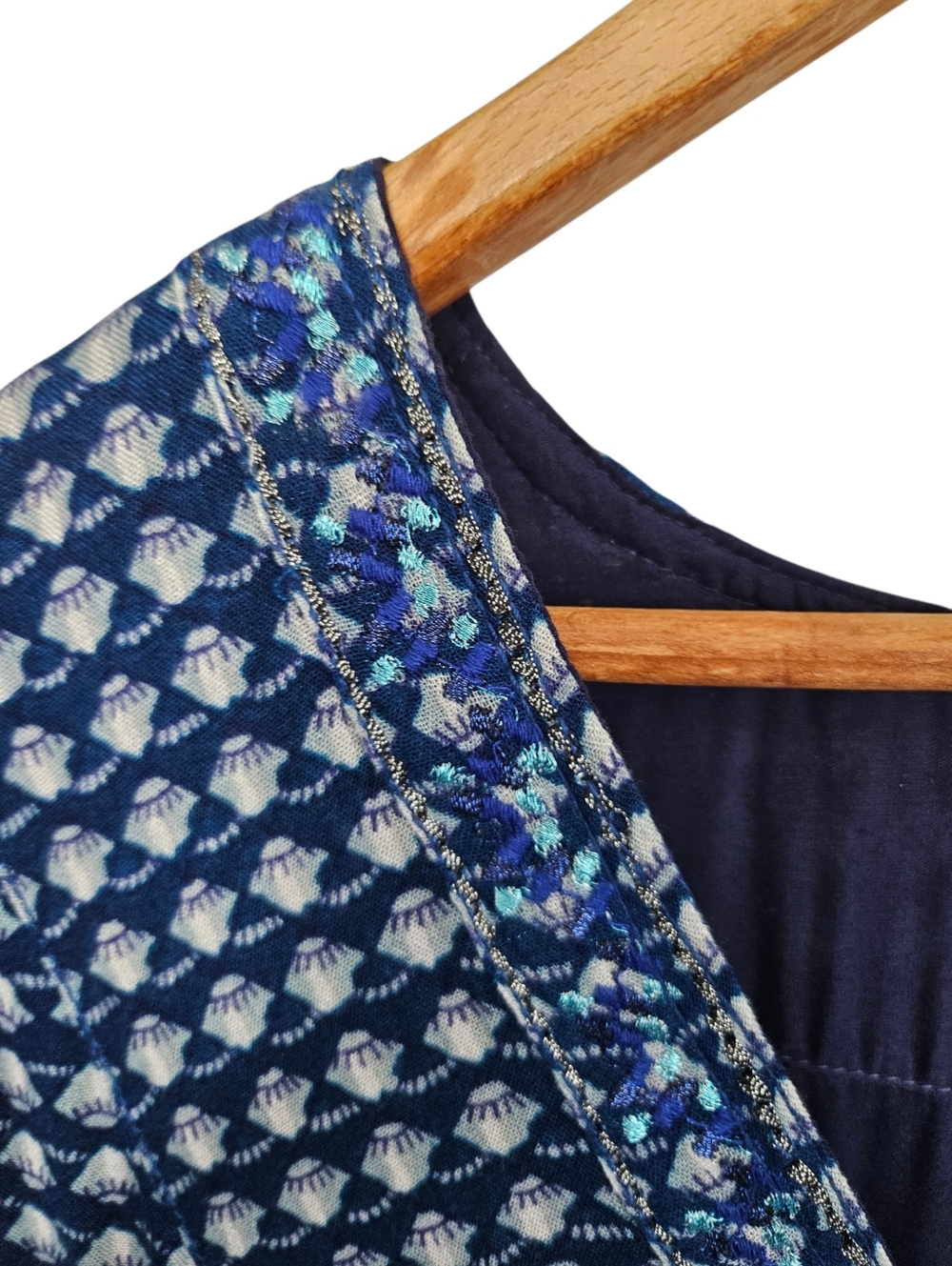 Anthropologie Akemi + Kim Blue Printed V-Neck Long Sleeve Batik Dress, Large - Picture 3 of 11